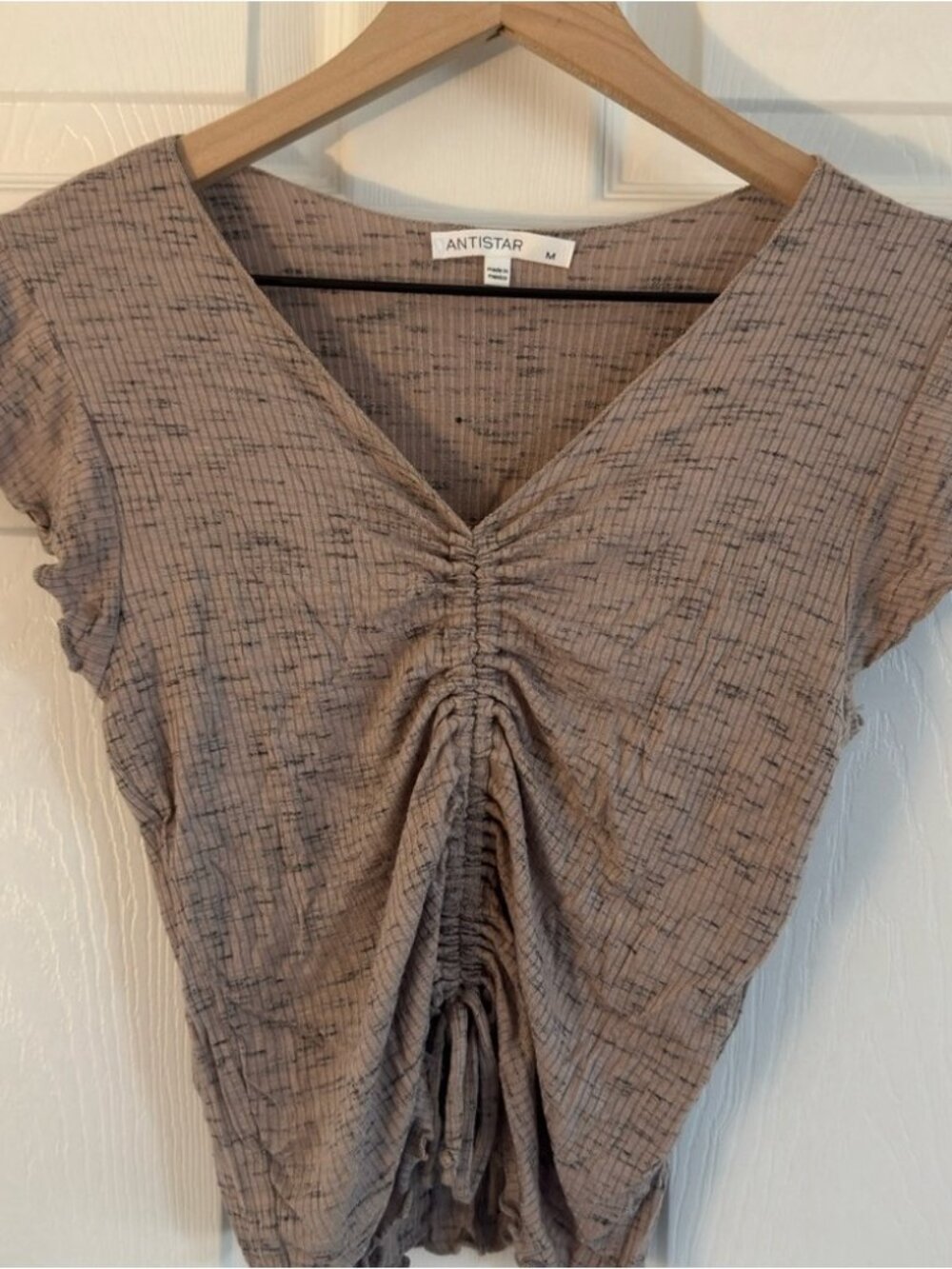 V-neck light weight brown tan blouse‎ Cinched Top